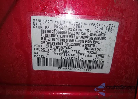 2014 Nissan Sentra Sr из США, поврежденный, VIN 3N1AB7AP5EY294322